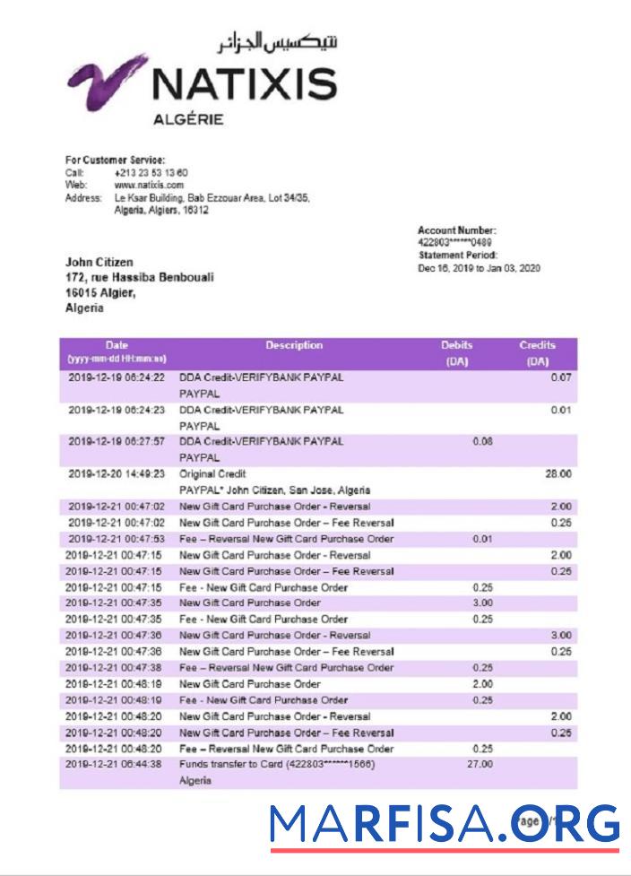 Downloadable Algeria Natixis Algerie bank statement template